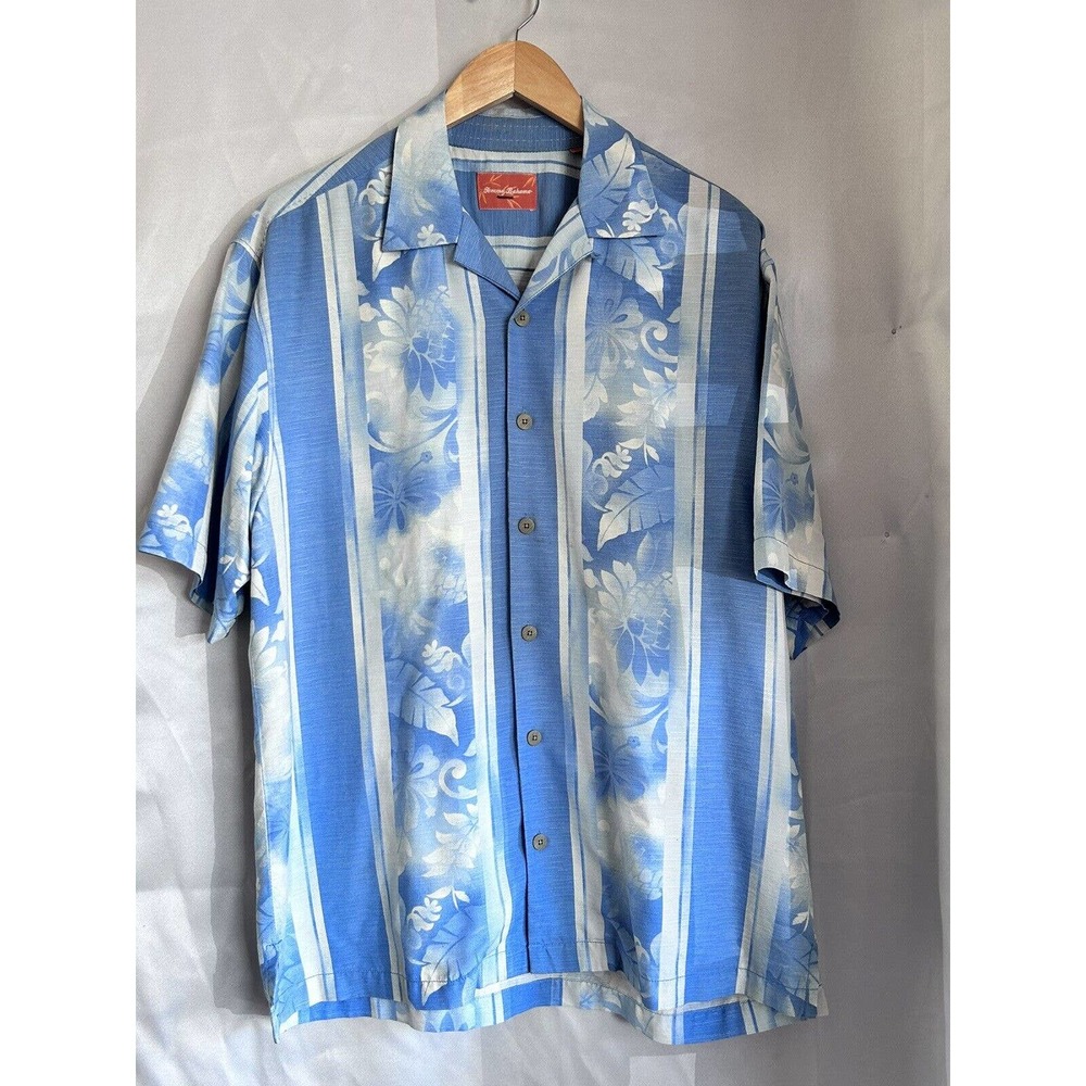 TOMMY BAHAMA 100% Silk Hawaiian Short Sleeve Camp Shirt Blue Floral Leaves Med